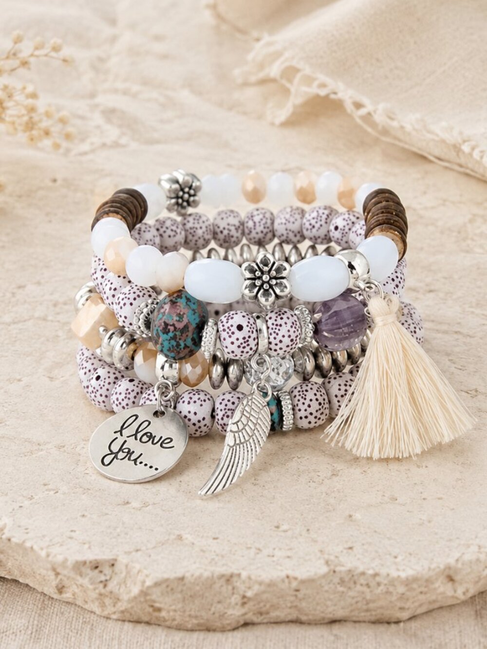 White Beaded Wing Tassel Bracelet Stack Boho Protection Style NWT